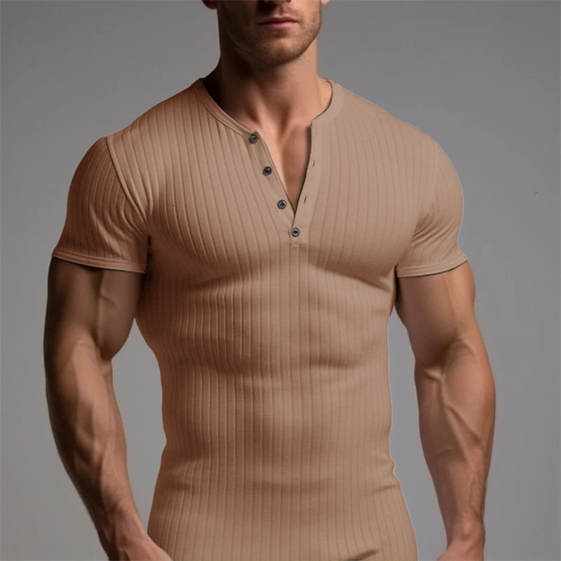 Sports Slim Fit Muscle Mens Short Sleeve T-shirt Fitness Elastic Thread Tight Solid Color American Henry