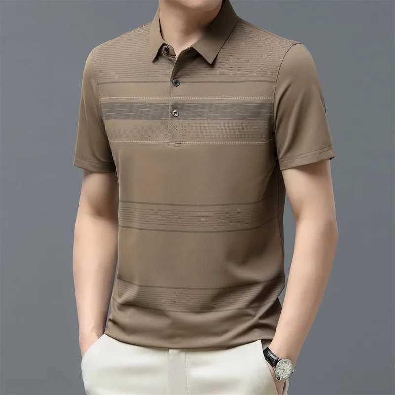 Mens short sleeved summer new striped ice silk lapel T-shirt polo commercial striped button casual top W250414