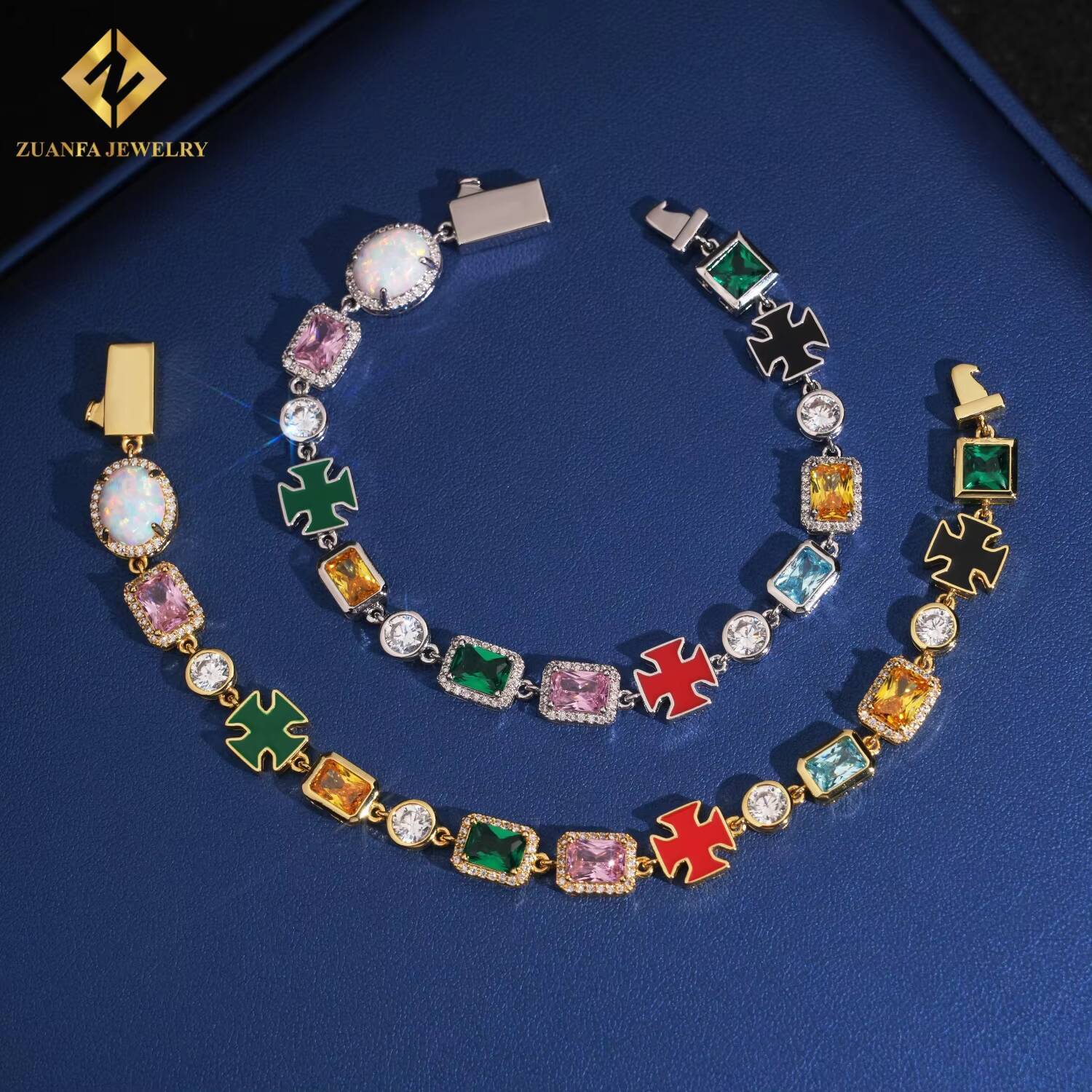 Wholesale Price Iced Out Urban Multi Color Cubic Zirconia Gemstone Tennis Bracelet Mixed Colored Enamel Motif Cz Bracelet
