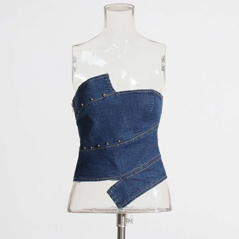 Designer Women's Summer Spliced Denim Strapless Vest with Rivets - High-End Short Slim Fit