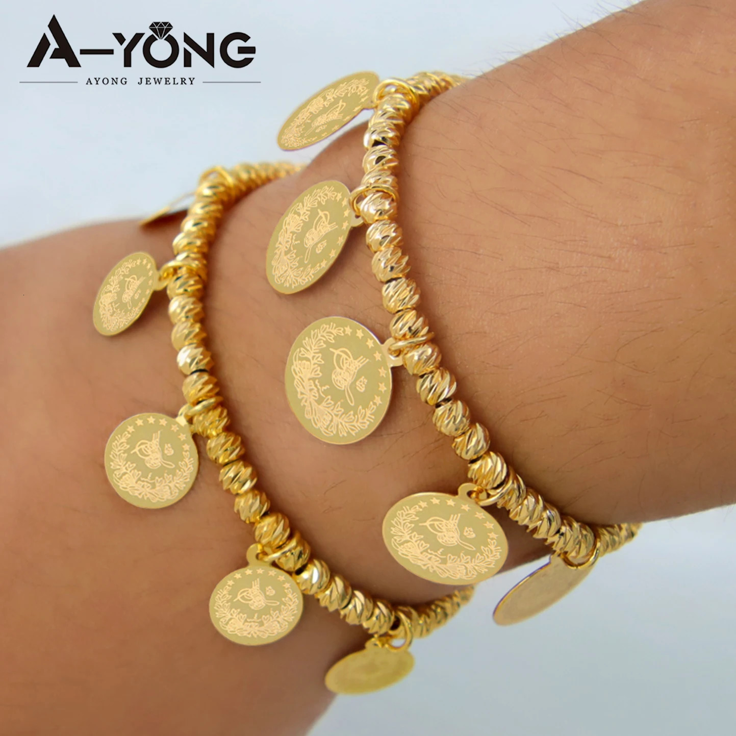 Arab Gold Color Bead Bracelet 21k Gold Plated Adjustable Turkish Coins Bangles Islamic Women Wedding Party Jewelry Gifts 251113