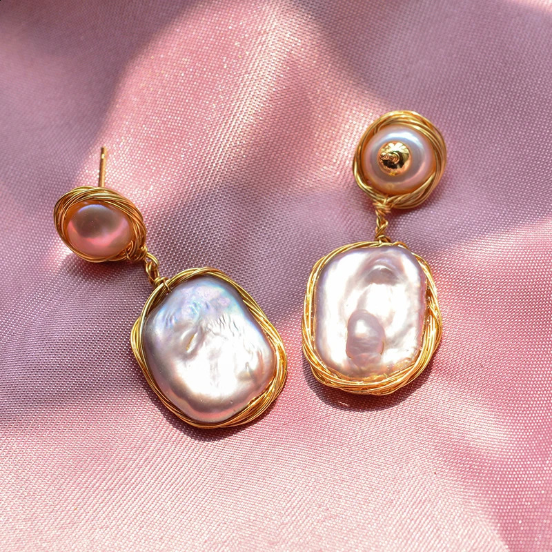 100% natural Baroque freshwater pearl 14K gold filled womens tassel stud earrings jewelry 250409