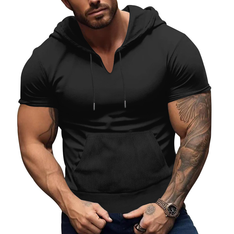 2025 Sports and Fitness Short sleeved T-shirt Men's Hoodie Sticked Pocket Fit Top