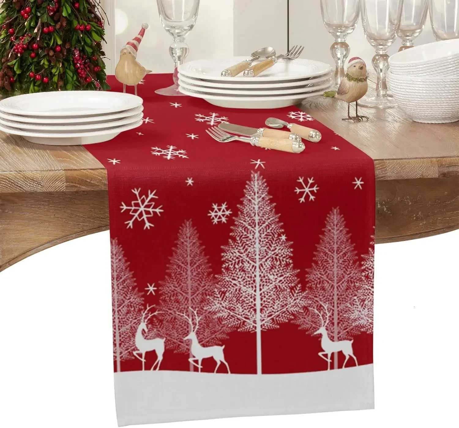 Christmas Halloween Christmas Table Flag Christmas Elk Pine Forest Red Christmas Snowflakes Dining Table Decoration Party Supplies Y251113