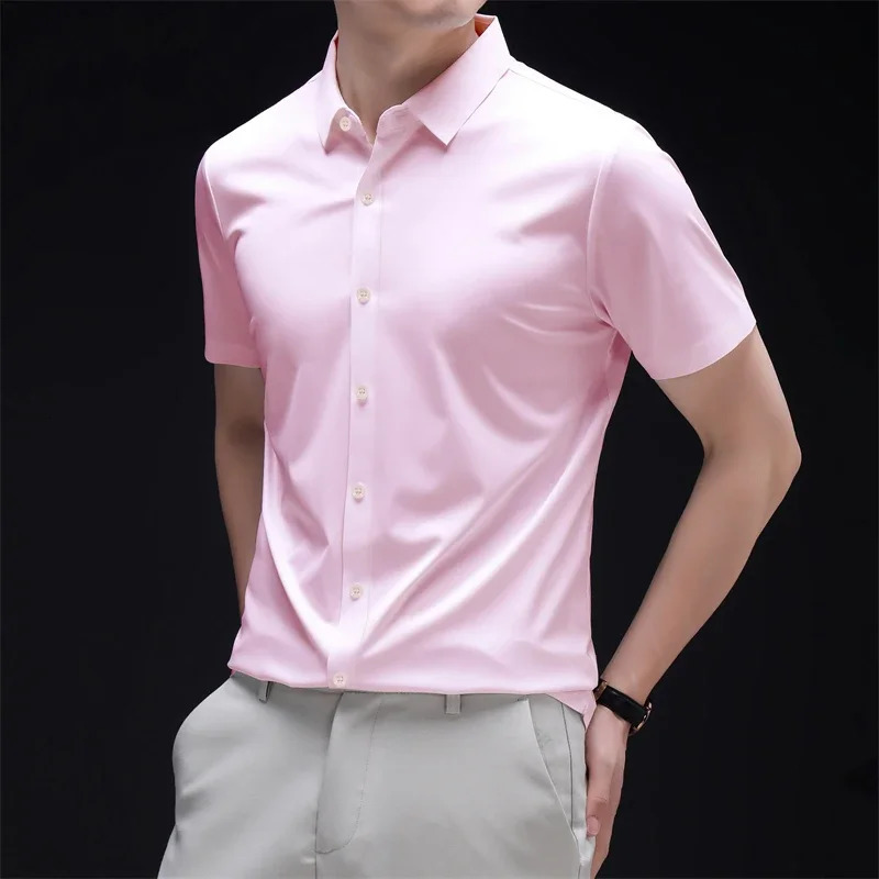 Mens Business Casual Short Sleeved Solid Color Shirt Wrinkle Resistant Wrinkle Free Comfortable All Season Versatile Top 250414