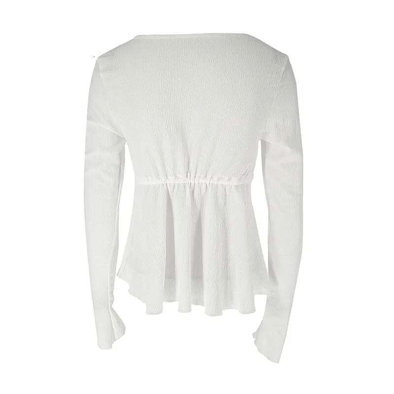 Autumn New Women Streetwear Sexy Sheer Solid Top Fashion Lace-up Long Sleeves Crop O-Neck Casual Slim Versatile T-shirt