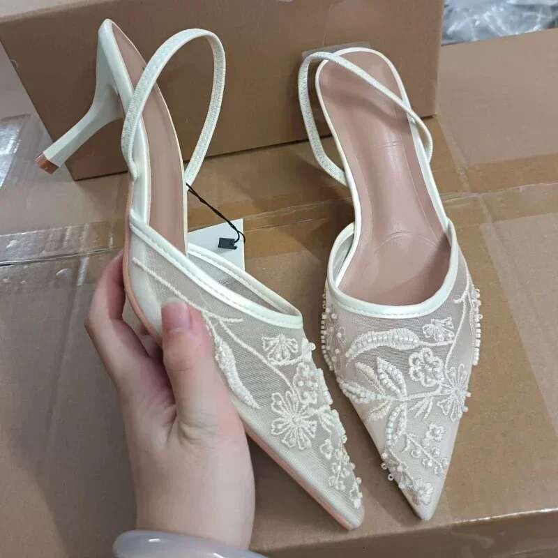 Mesh Embroidered Brand Sandals String Bead Thin Heels Mules Shoes Pointed Toe Sgback Slippers Women atos De Mujer