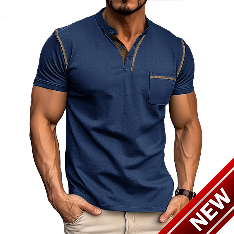 Mens round neck patch pocket cotton blend outdoor short sleeved Henry shirt American mens shirt top