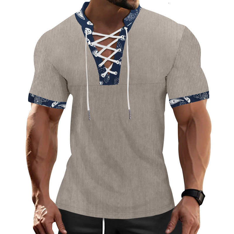 Summer corduroy solid color slim fit short sleeved American oversize casual V-neck strap men's T-shirt
