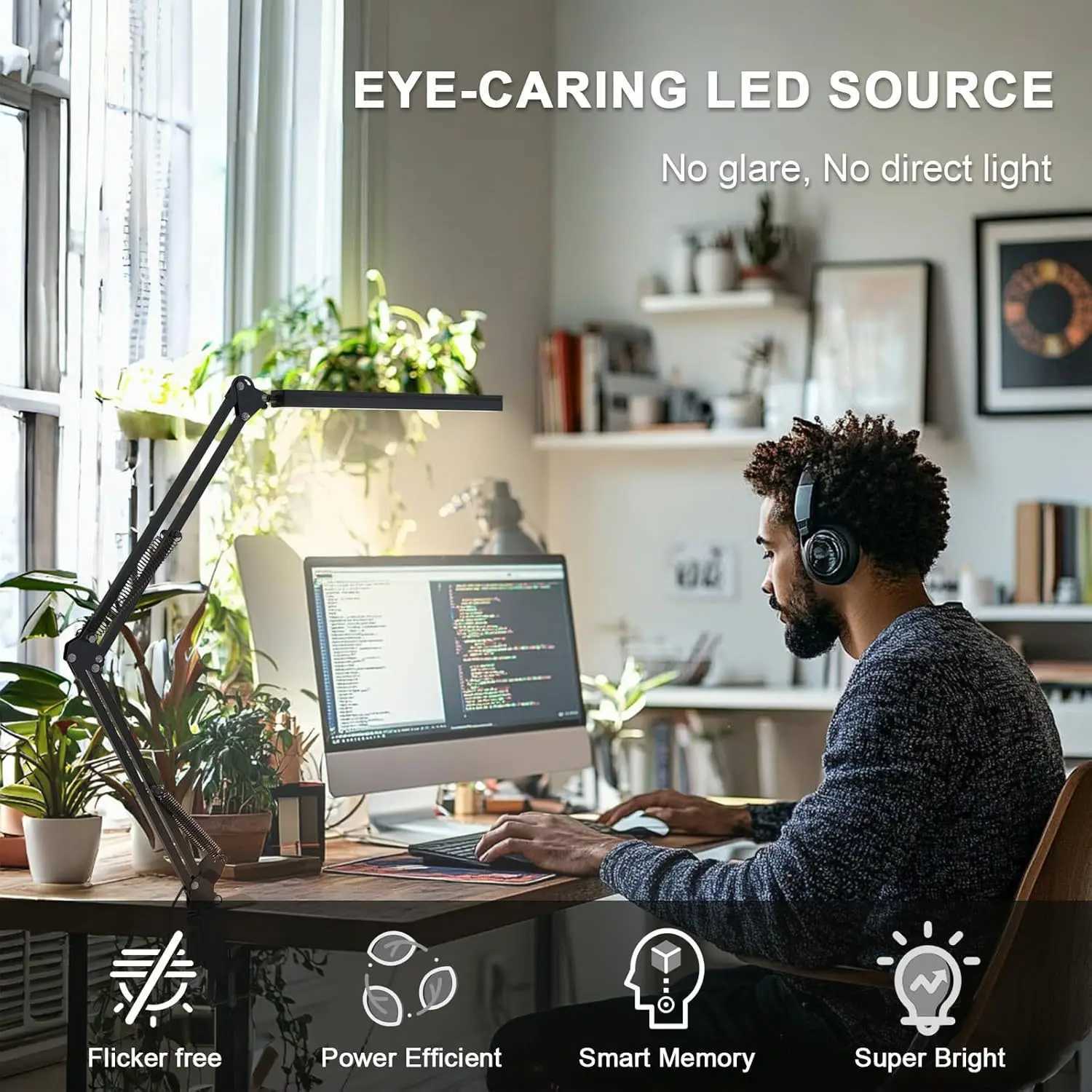 Clamp Desk Lamp LED Foldable Eye Caring Light 3 Light Modes 10 Brightness Levels Adjustable Long Lamp for Computer Desk Home M251114