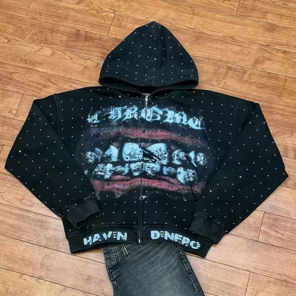 Retro Zipper Y2K Clothes Men Women Gothic Teeth Graphic Rhie Sequins Oversized Hoodies Sweatshirts Casual Jackets
