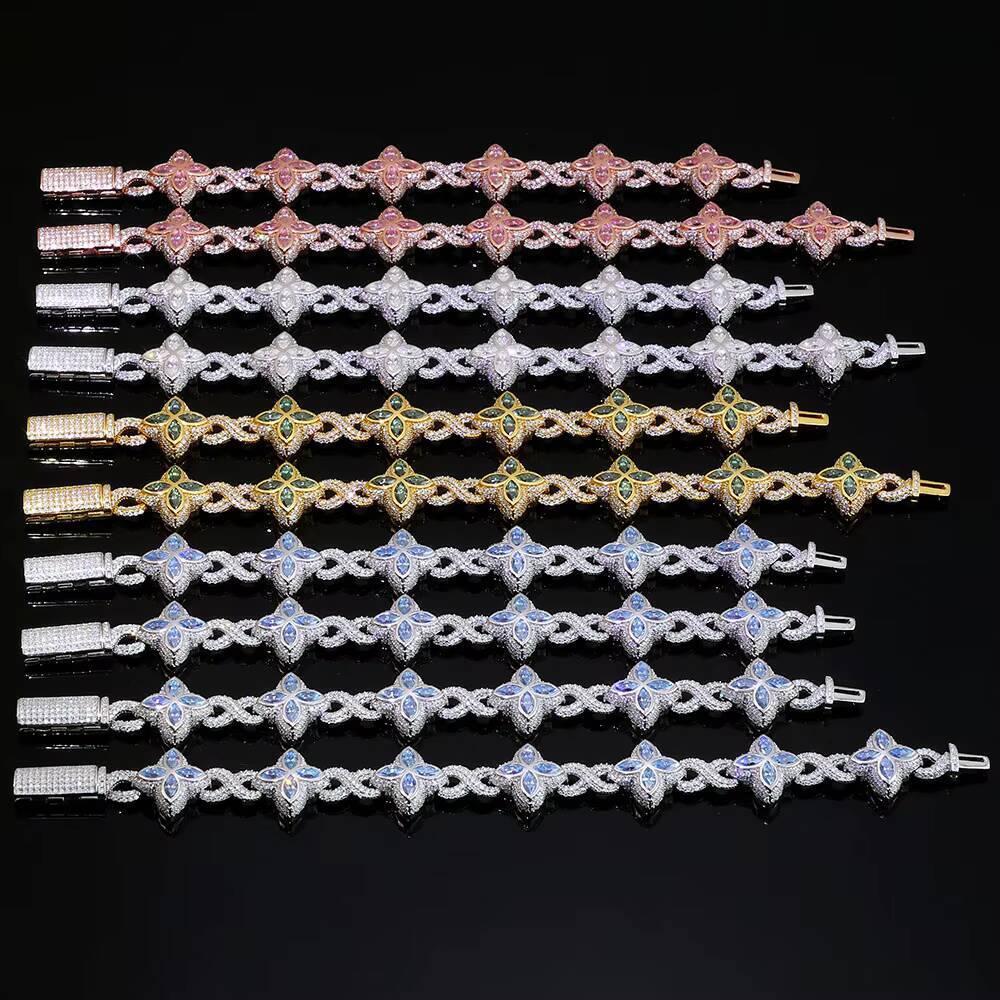 Colorful VVS Moissanite Cuban Link Bracelet 925 Silver Iced Out Colors Floral Design Bracelet Hip Hop Fine Jewelry for Men Women