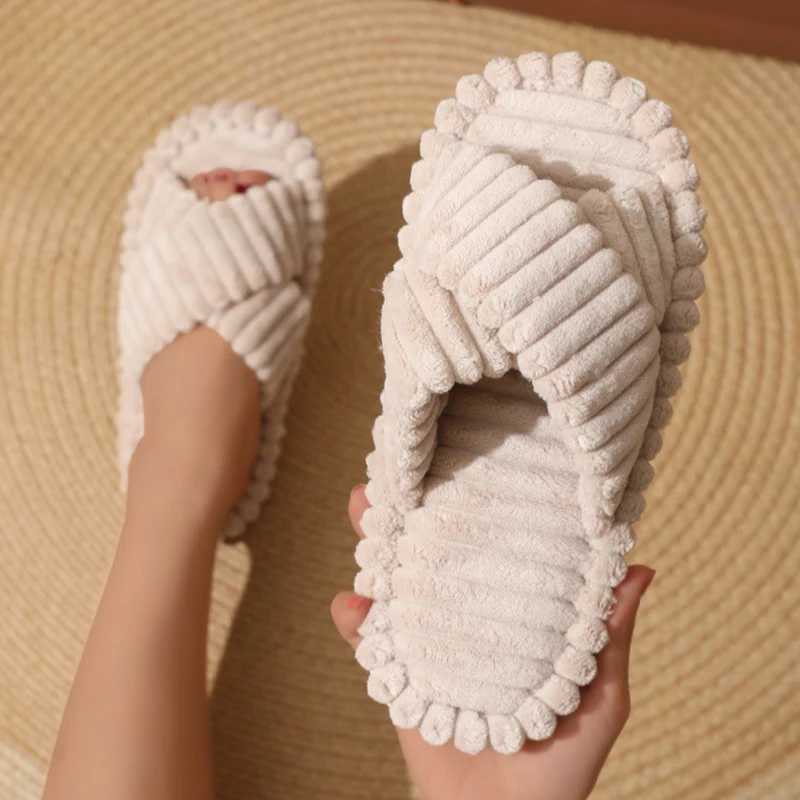 Fashion Corduroy Cross Band Home Slippers Womens Spring Autumn Warm Plush Slippers Womens Indoor Soft Bottom Cotton Slippers W250414