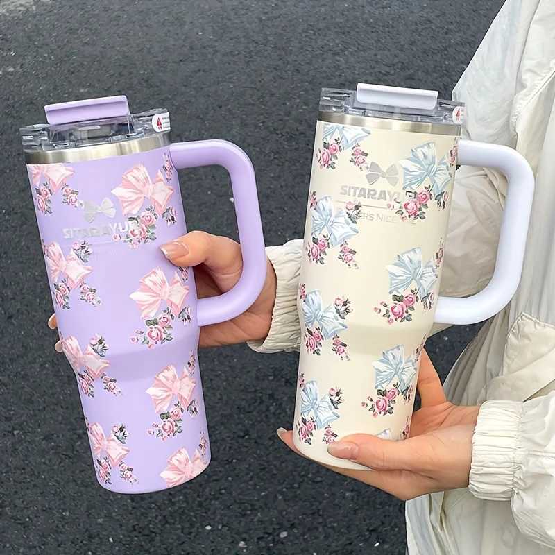 1pc 900ml Floral Print Stainless Steel Vacuum Insulated Tumbler with Straw Ice Cold Retention CupBirthday Gift for Women C251114