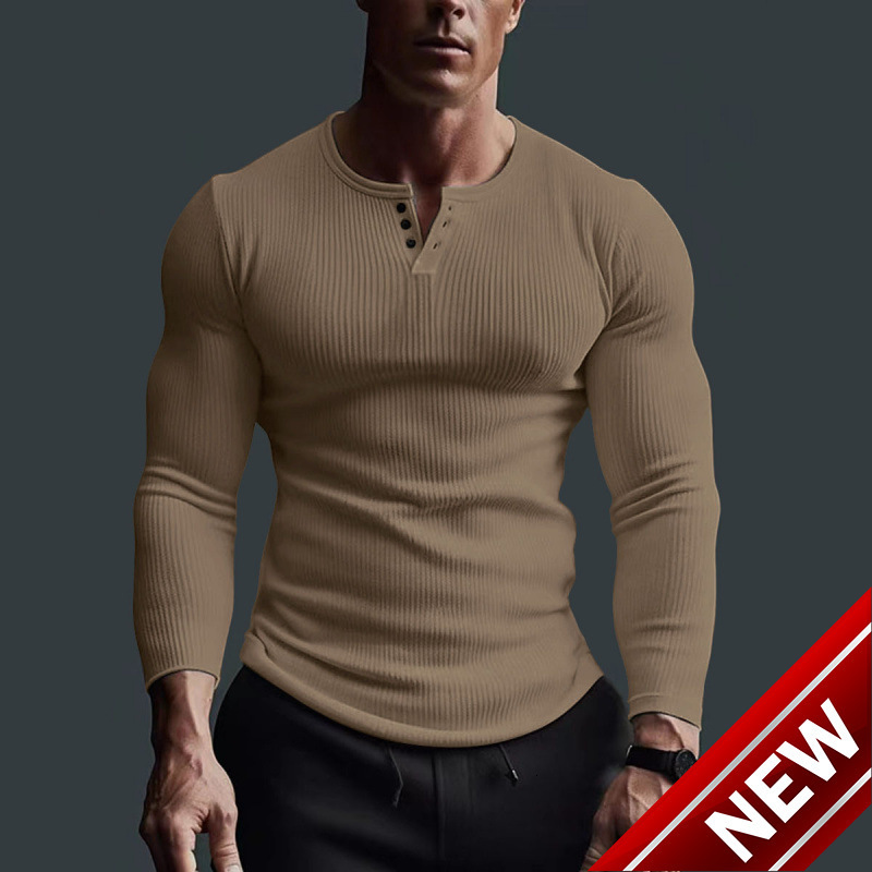 Mens Long sleeved Top Fitness High Elastic Bottom Shirt Mens Stapled V-neck Solid Large Casual T-shirt