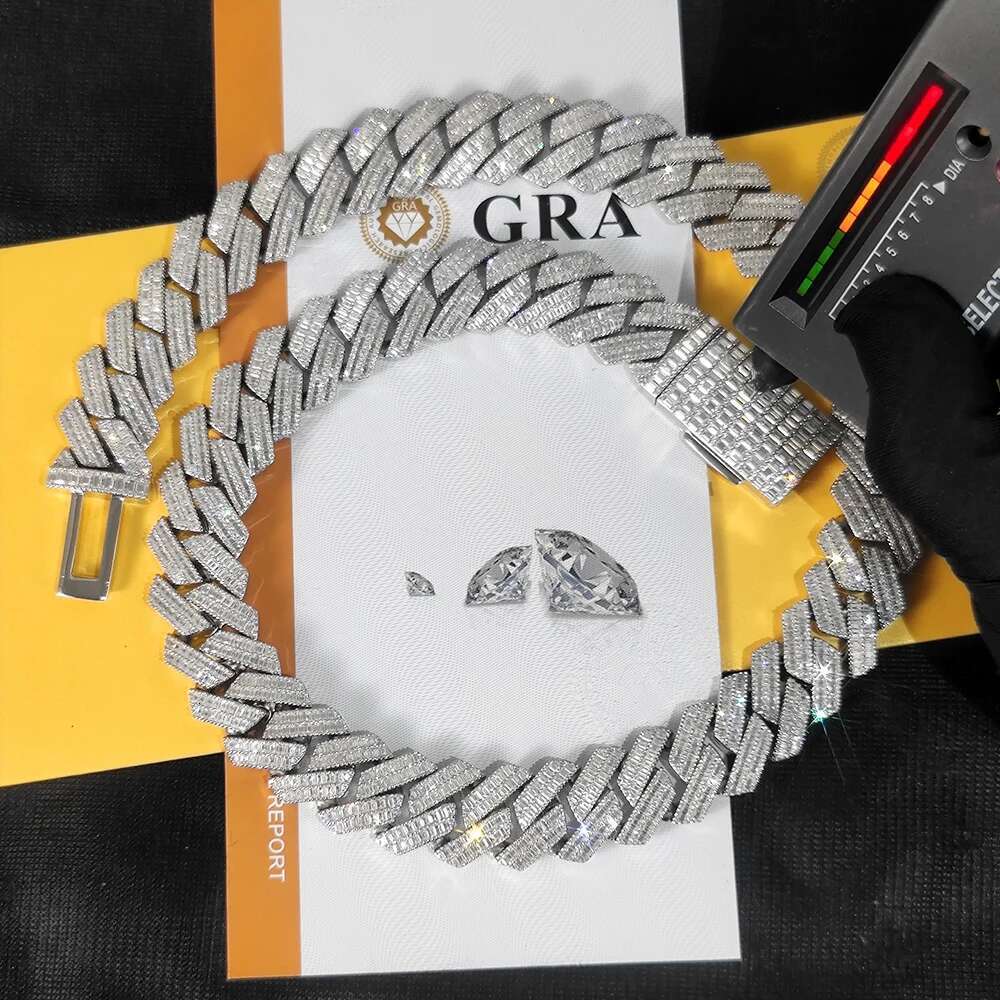 VVS Moissanite 20mm 2 Rows CubanChain Rectangle Diamonds 100% 925 Silver Cuban Necklace with GRA Certificate Jewelry