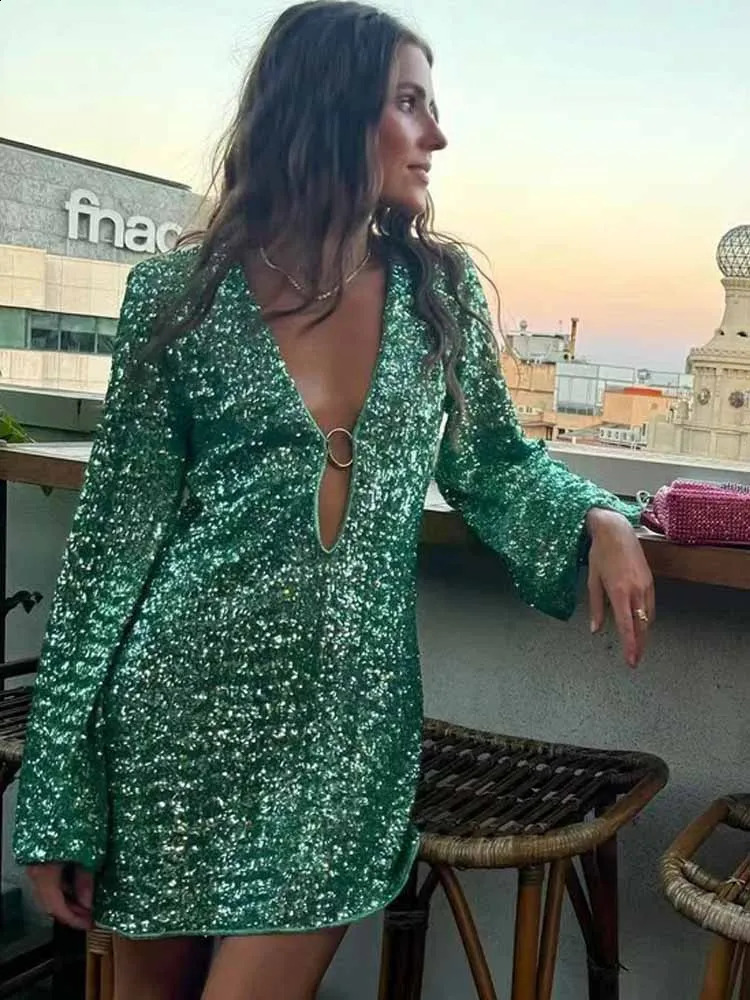 BKQU Shiny Deep-V Sequins Mini Dress Women Sexy Hollow Out Long Flare Sleeve Y2K Short Dress 2025 Chic Evening Party Lady Gowns 250409