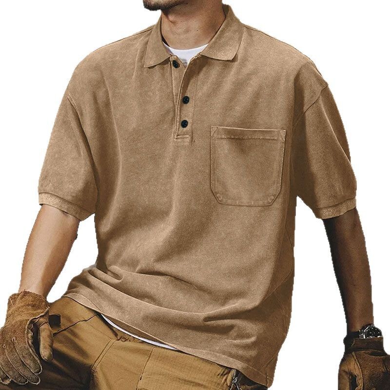 2025 New Collar Button Summer Loose Short sleeved Men's High Street T-shirt