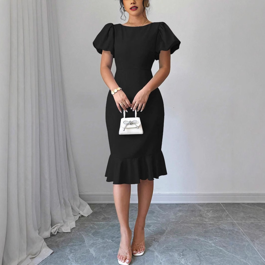 2025 women's influencer round neck lantern sleeves with ruffled edges, sexy and elegant fishtail skirt