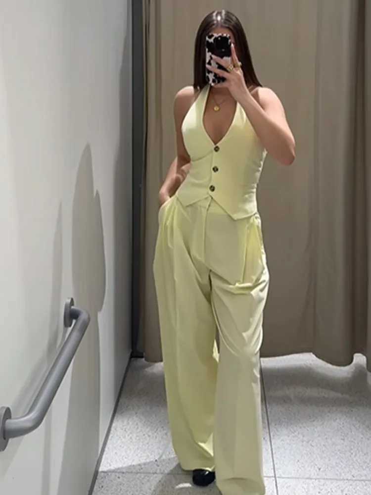 Womens fashionable butter yellow straight pants set sexy off shoulder strapless top set 2025 new summer womens 2-piece setXJ250414