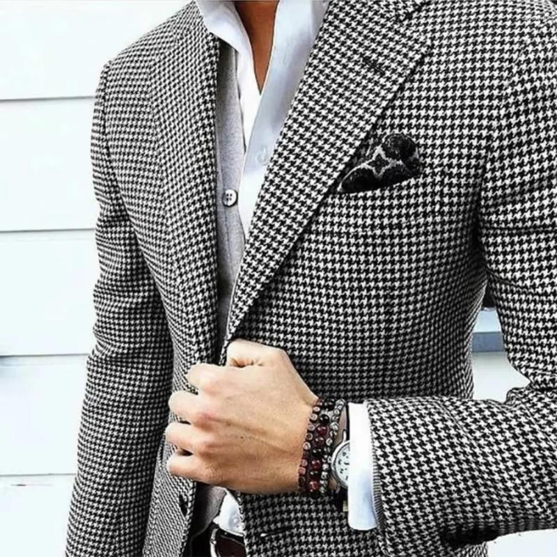 Men's Suits Italian Style Houndstooth Blazer For Men Casual Lapel Engraved Unique Wedding Coat