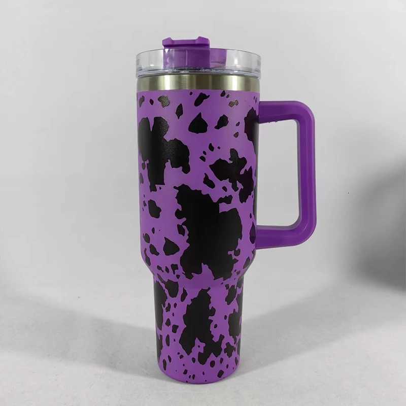 40oz Cow Pattern Thermal Cups with Handle Double Layer Stainl Steel Insulated Water BottleCoffee Cup Travel Portable Car Cups C251114