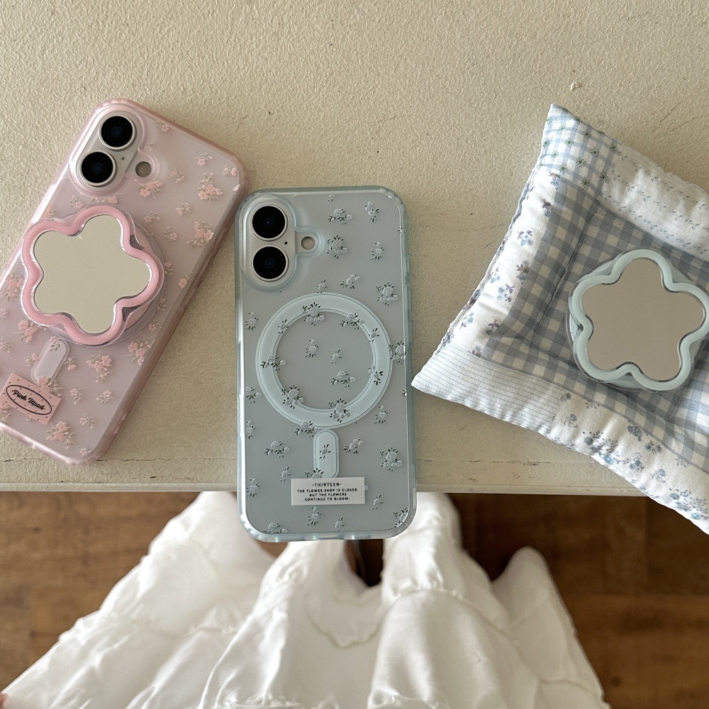 Spring Blue Crushed Flower Phone Case Compatible with iPhone 16/15 Pro Niche Mirror Stand iPhone 14/13 Cartoon