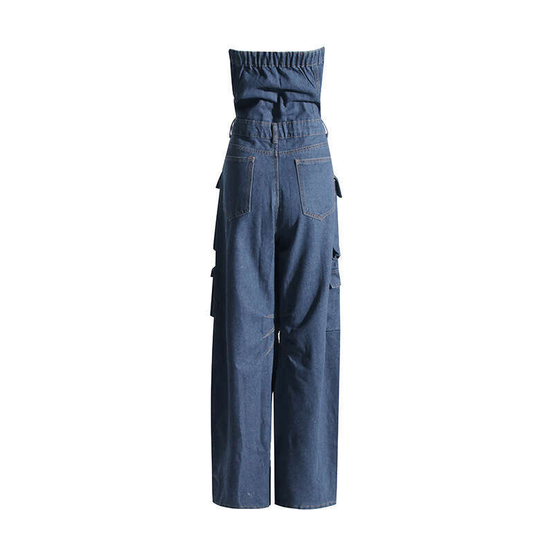 Designer Splice Pocket Denim Jumpsuit for Women - Chic Strapless Cutout Style with Tailored Fit