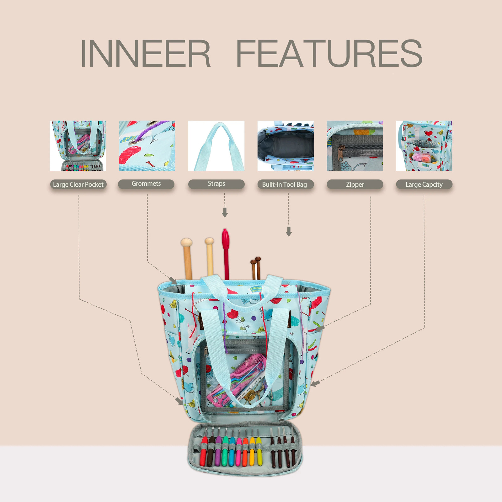 KOKNIT Knitting Tote Bag Yarn Storage Bag for Knitting Needles Crochet Hooks and Sewing Accessories DIY Sewing Kit Bag For Mom 250407