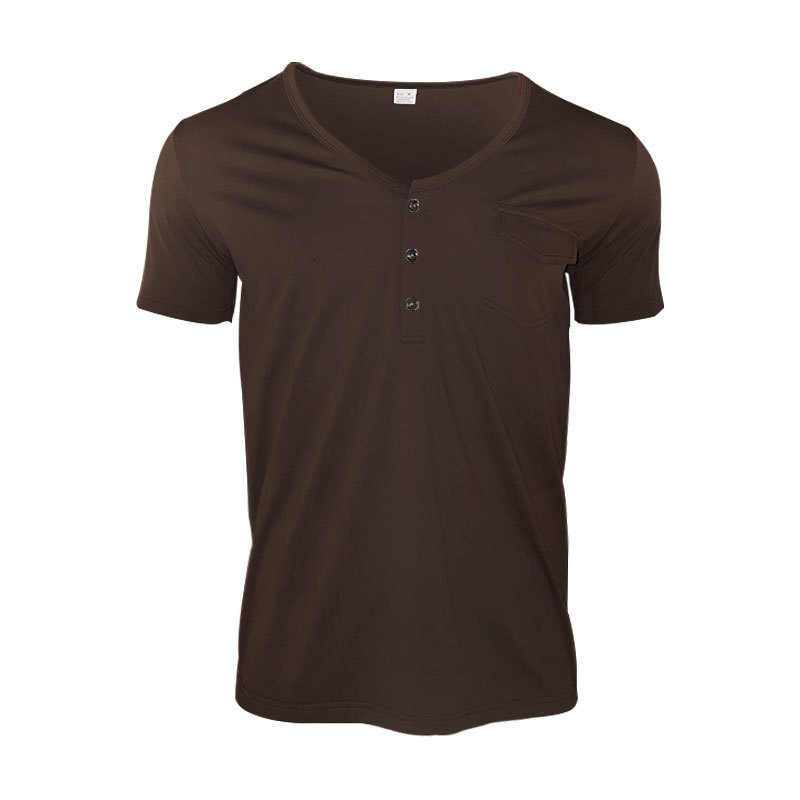 2024 mens plus size summer casual buckle slim fit short sleeved T-shirt Henry V-neck pocket top