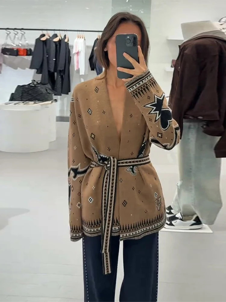 Bohemian Print Coats For Women Knit Cardigan Jackets Vneck Belt Tops Long Sleeve Fashion Outwear Daily Casual Autumn Wear 251113 - view 3