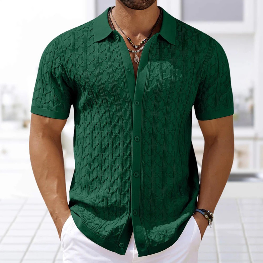Mens Light Button-down Leisure Knitted Polo Shirt Retro Solid Color Short Sleeve Chic Fashion Jacquard Knitwear 250411