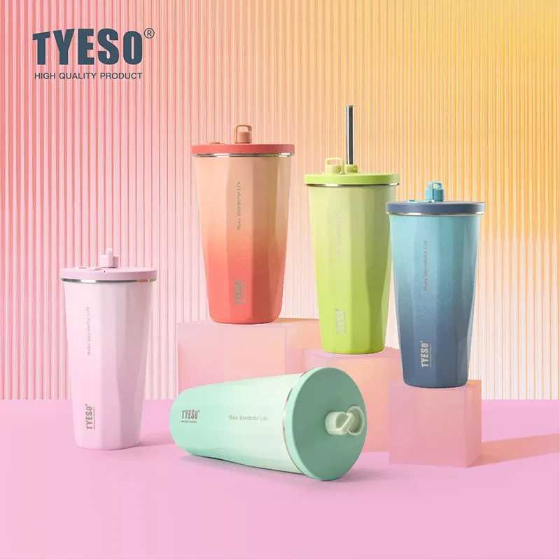 TYESO 600ml Thermos Water Bottle Stainless Steel Coffee Cup with Straw Gradient Keeps Cold and Heat Insulated Car Thermos Mug C251114