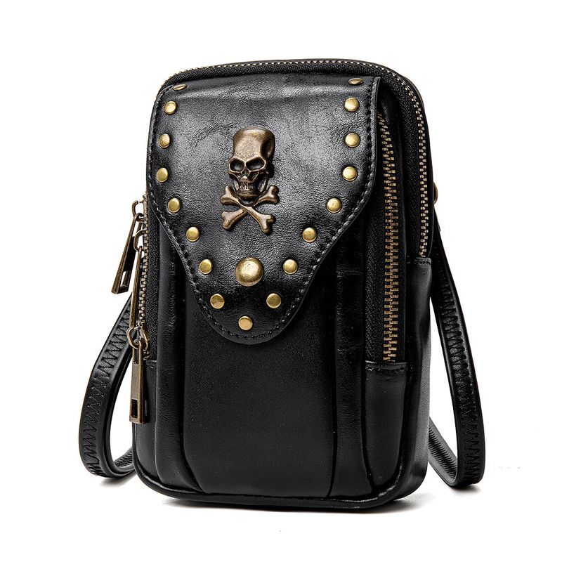New European And American Rivet Black Leather Textured Small Square Bag, Outdoor Travel Phone, One Shoulder Crossbody, Personalized Women's Bag