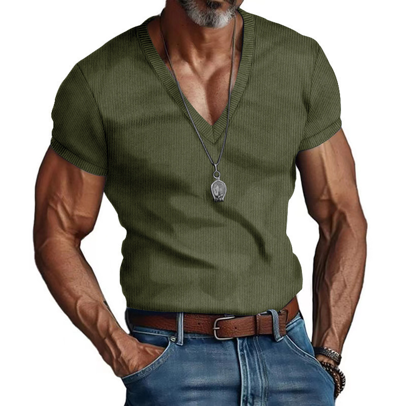 Mens corduroy short sleeved summer mens V-neck solid color slim fit casual T-shirt mens top
