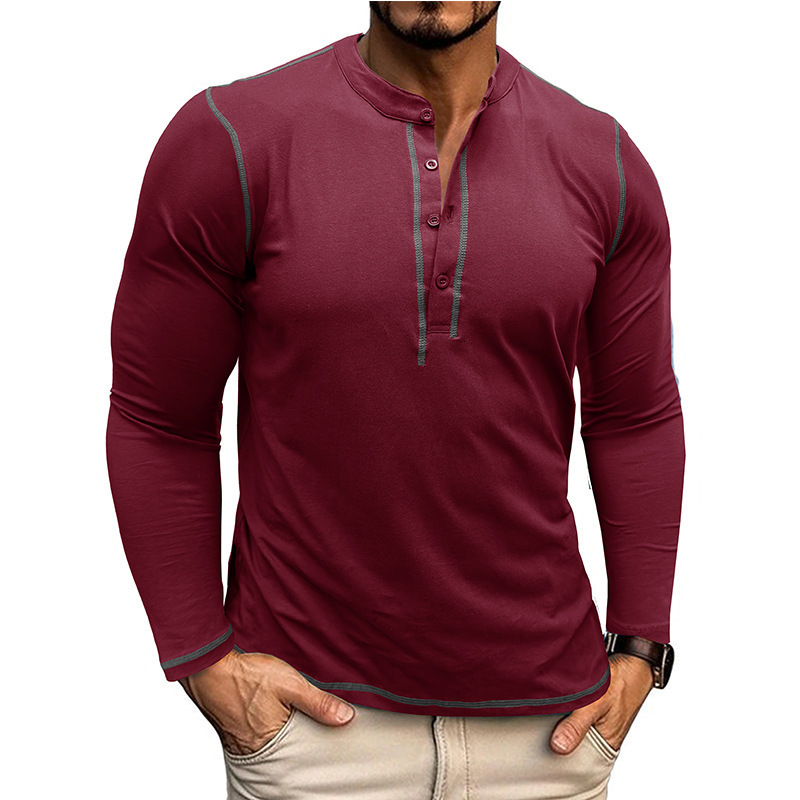 Autumn and winter mens long sleeved Henry shirt mens color blocked round neck T-shirt top