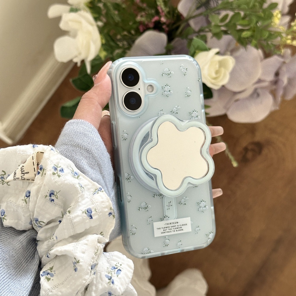 Spring Blue Crushed Flower Phone Case Compatible with iPhone 16/15 Pro Niche Mirror Stand iPhone 14/13 Cartoon