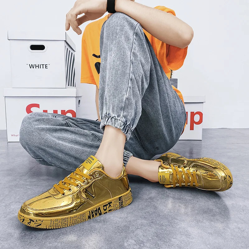 gold sports shoes for couples luxurious casual sparkling sports shoes mens hip-hop street clothing skateboarding shoes mens graphic shoes 250410