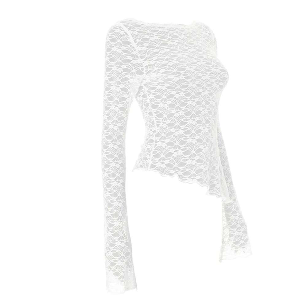 hirigin Sexy Lace Long Sleeve T Shirts Fashion Women Knitted Perspective Autumn Tees Tops Clothes Streetwear Y2K Slim T-Shirt