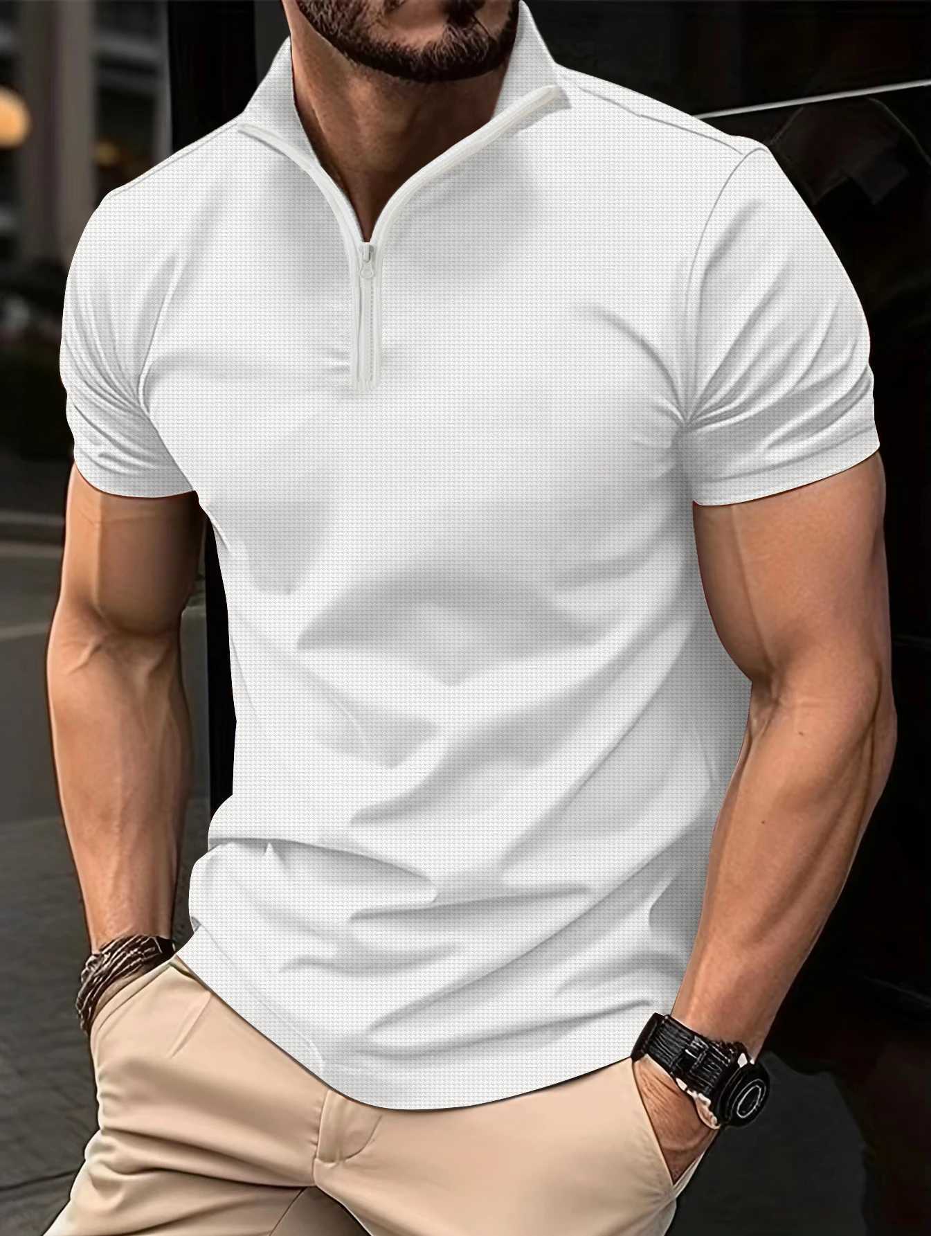 2024 Summer Fashion Mens Polo Shirt Zipper Stand Collar Henley Shirt Solid Color Ultra Thin Elastic Mens Short Sleeve W250414