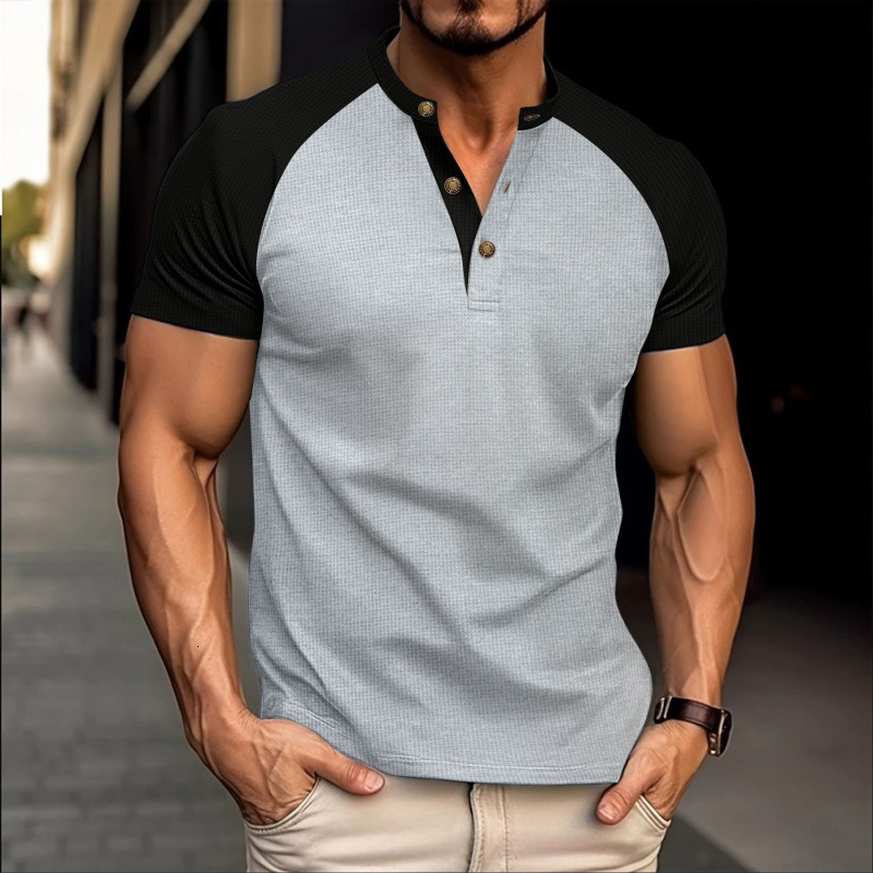 2025 Mens Summer Waffle Round Neck Short sleeved T-shirt with slim fit and breathable pullover for casual short sleeved wear