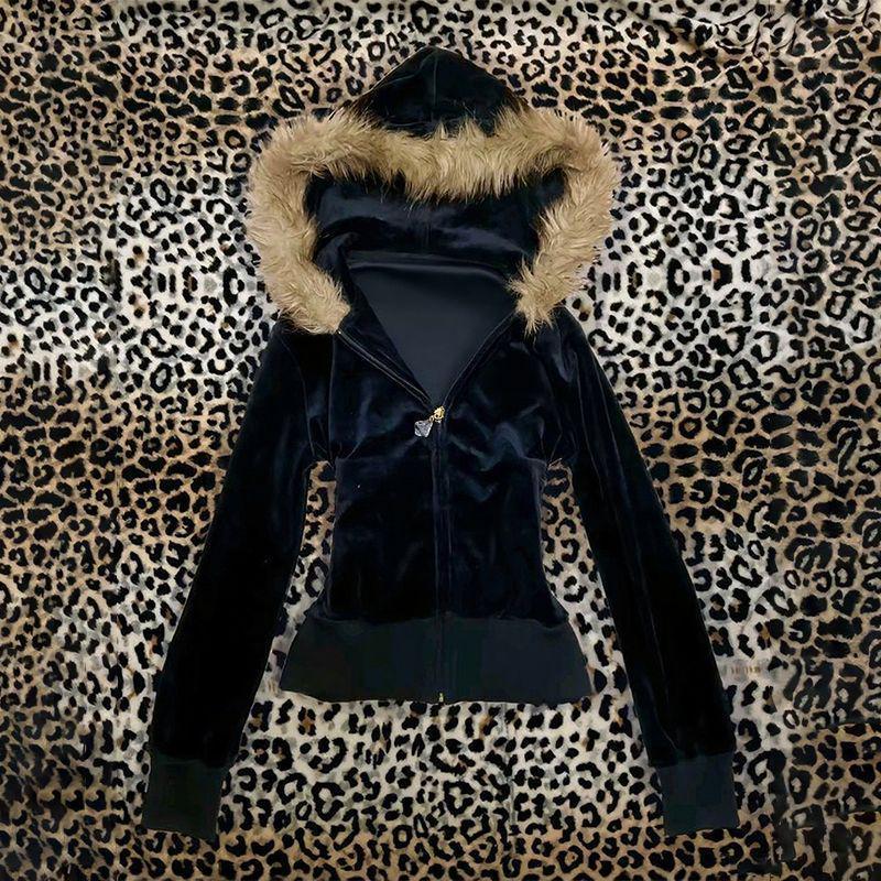 Street Style Design Punk Slim Fit Zipper Plush Brim Hooded Sweatshirt Jacket for Women