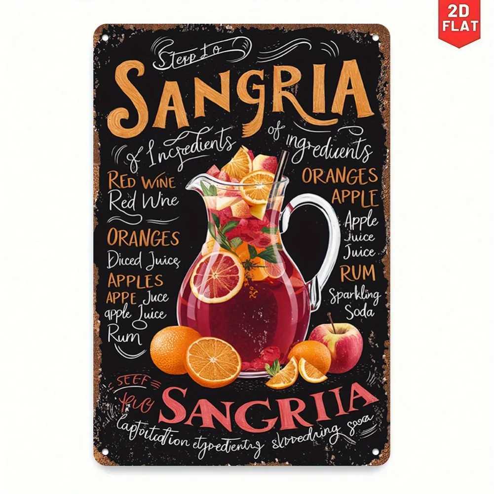 2D Flat 1pc Vintage Sangria Recipe Metal Wall Art Sign - Rustic Kitchen Decor with Ingredients Illustration Home Bar DecorM251114