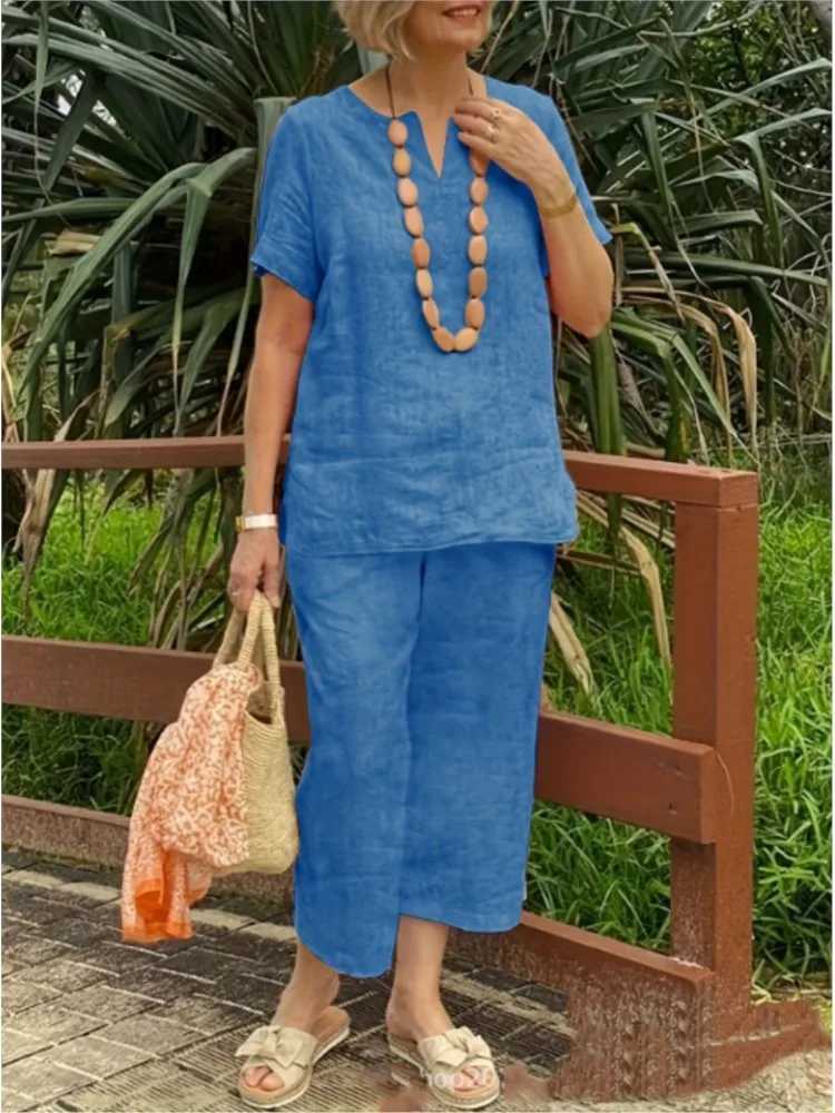 Womens pure cotton linen summer 2PCS/set set 2024 casual loose V-neck shorts Sve wide leg pants solid color fashionable womens setXJ250414