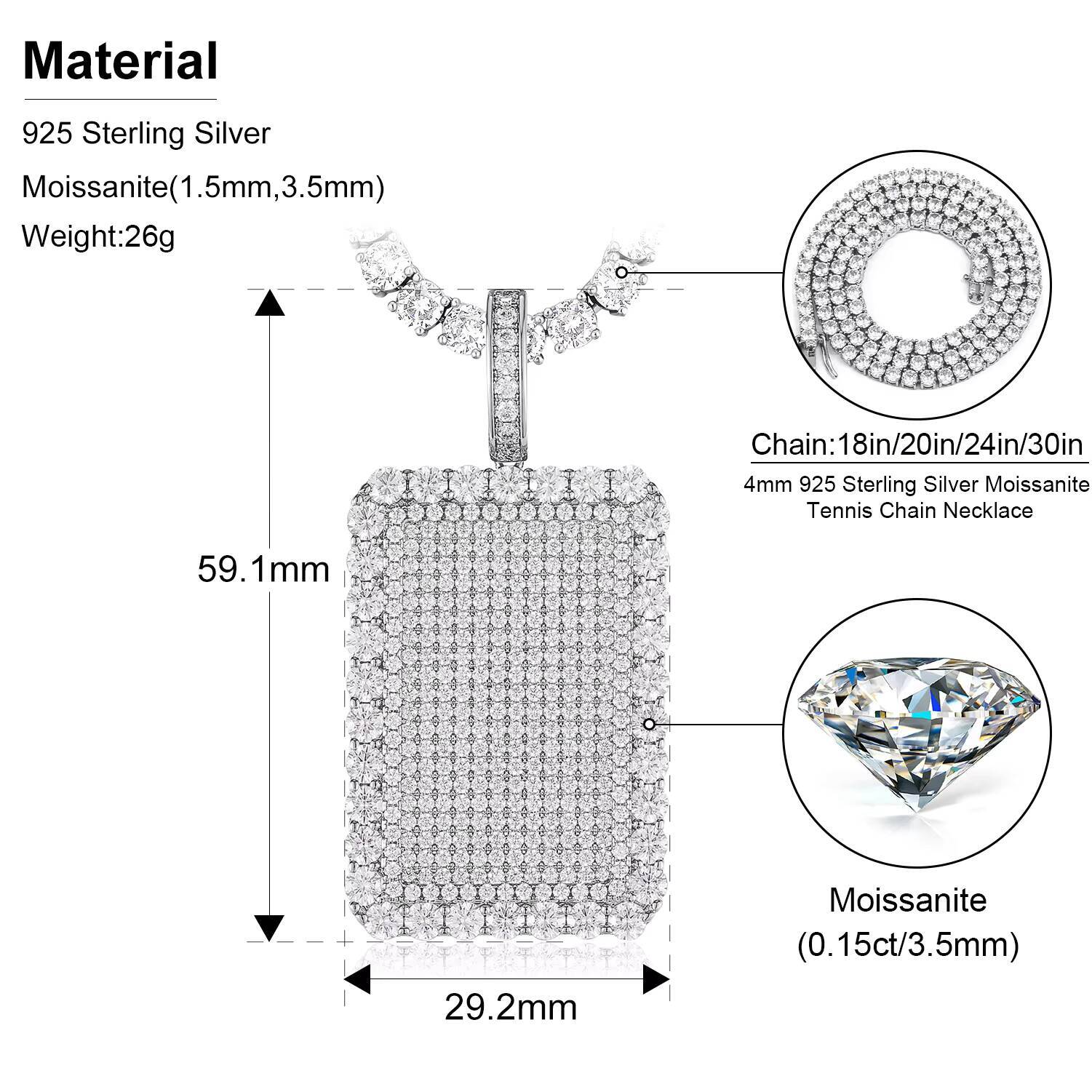 Dropshipping Full VVS Moissanite Iced Out Dog Tag Pendant 925 Sterling Silver Mossanite Jewelry Hip Hop Men White Gold