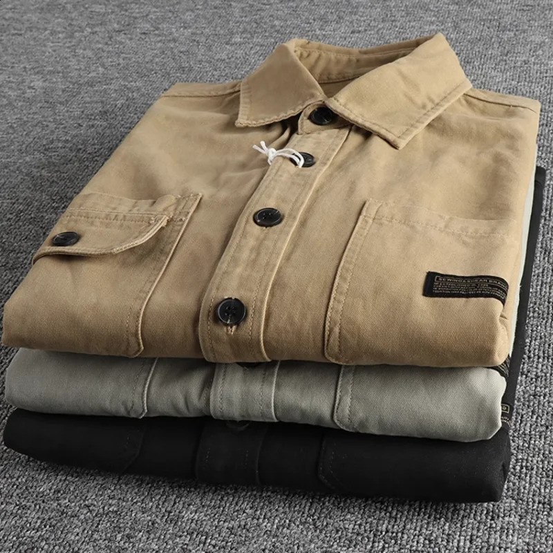 Product pocket sticker n retro trend long sleeved shirt mens autumn youth cotton jacket 250411