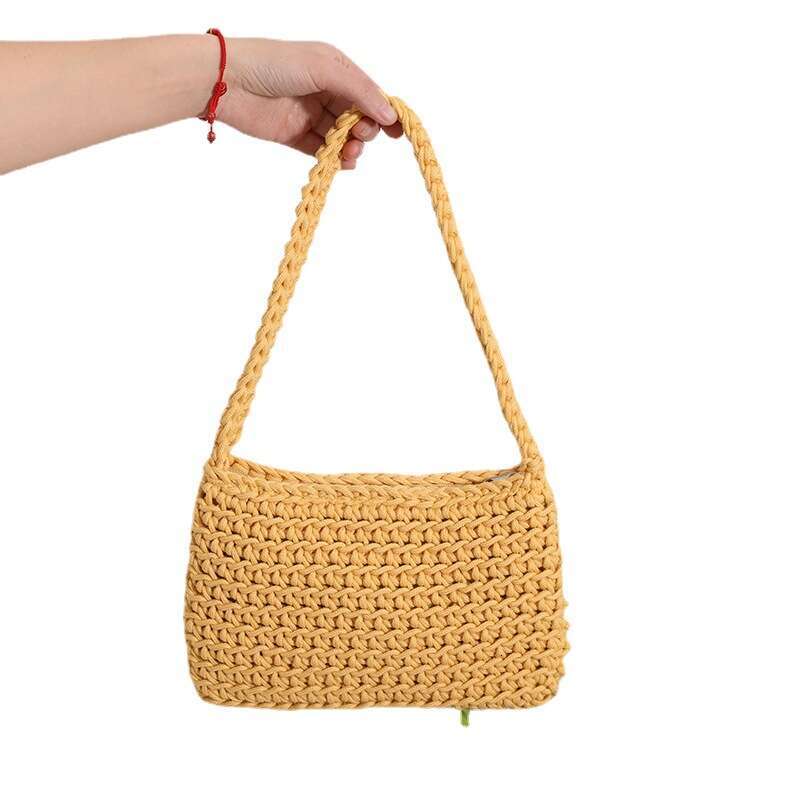 Handmade Beach Bag Versatile One Shoulder Cotton Thread New Small Fresh Square Underarm Grass Woven Bag Solid Color Commuter Handbag For Women Kq2