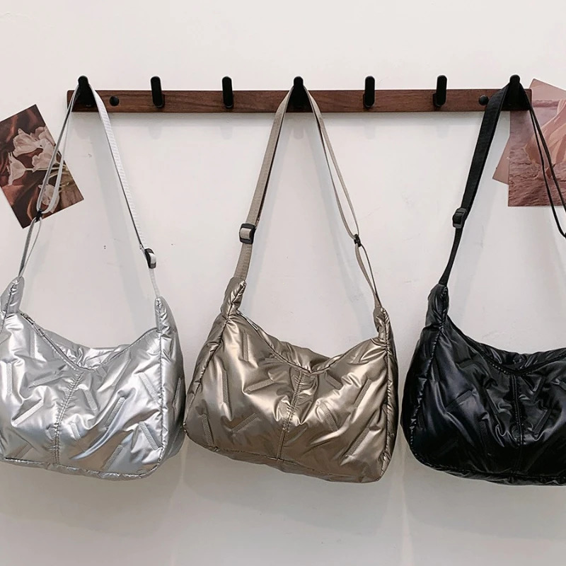 Dumpling Bag Bright Space Cotton Tote Bag Large Capacity Shoulder Crossbody Bag Silver Lightweight Nylon Handbag Girls 251114