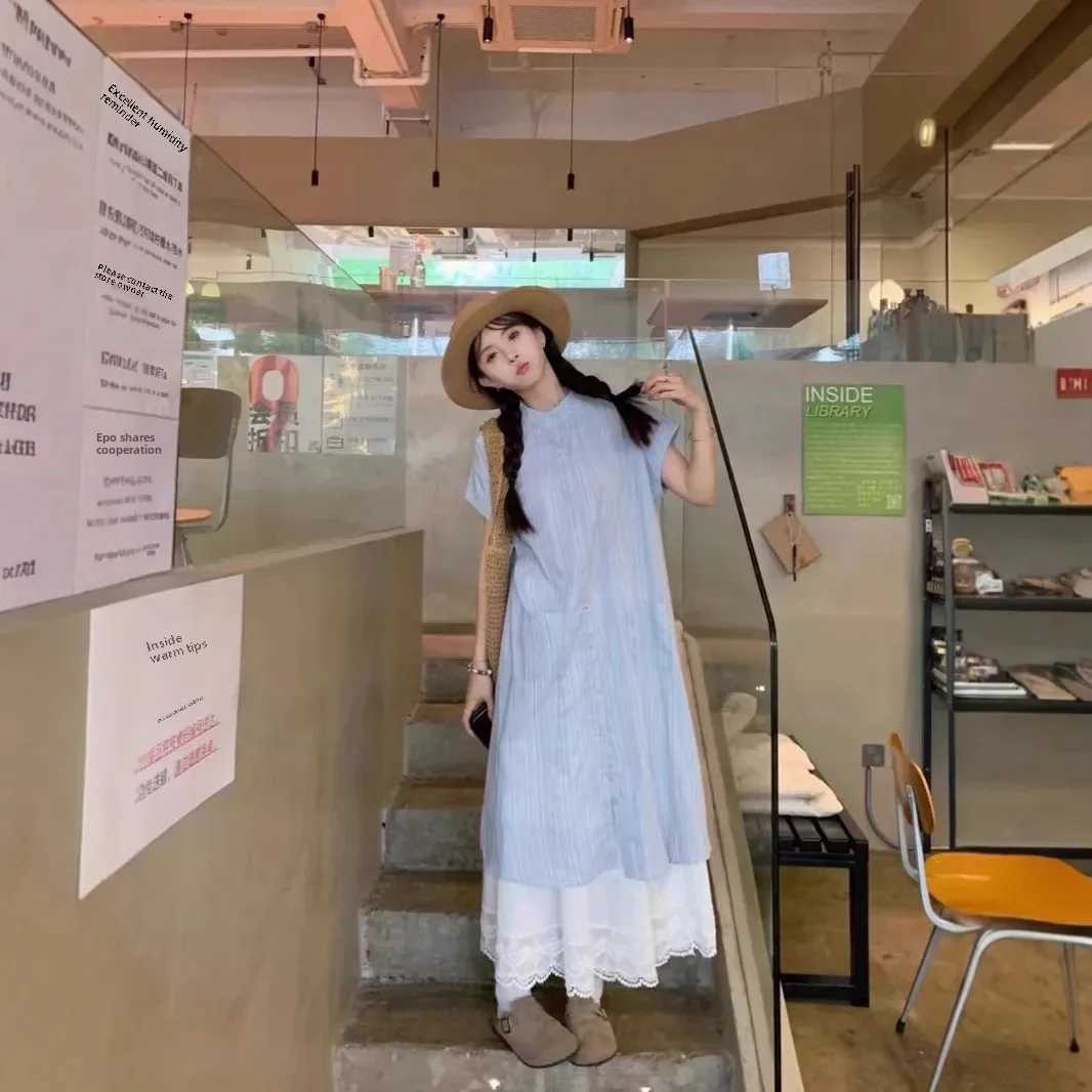 Blue striped short Sve dress for womens summer new Korean style loose Midi two-piece set casual comfortable and fashionableXJ250414