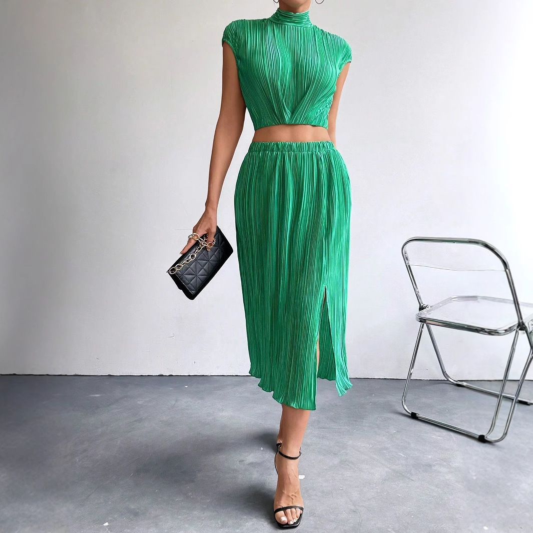 Temperament slit half skirt sleeveless slim fit top two-piece set summer sexy skirt set for women